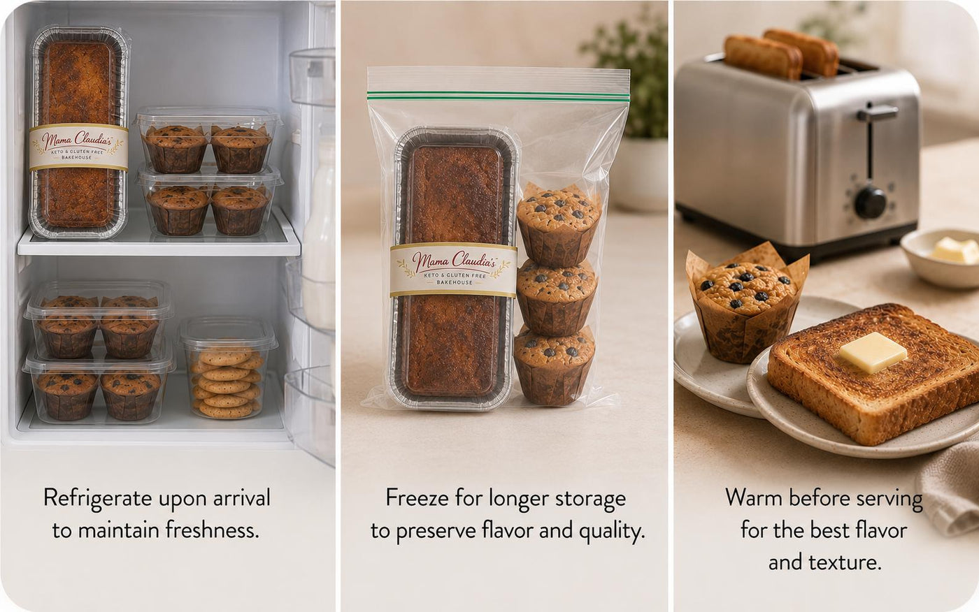 Refrigerating, freezing, and warming Mama Claudia's products